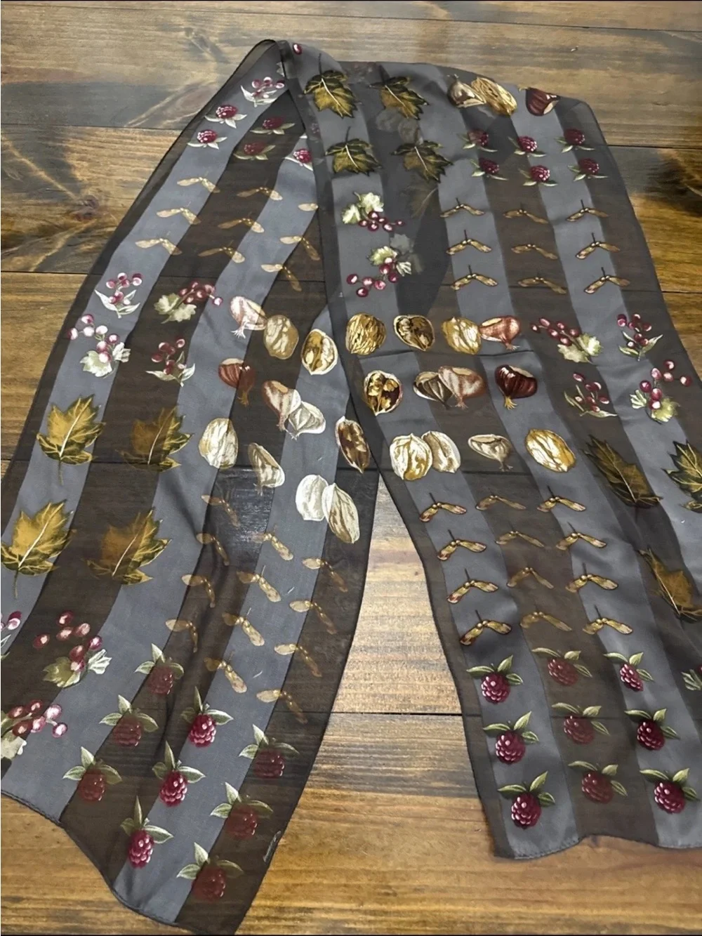 Echo Sheer Black Scarf with Gold, Brown and Burgundy Botanical Print